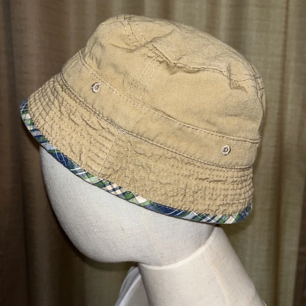 Toddler Boys Reversible Bucket Hat Khaki and Blue Green White Tan Plaid